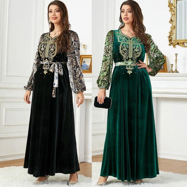 Ethnische Kleidung Zigui Samt Kleid Frauen Luxus Stickerei Perle Schwärzlich Grün Abaya Robe Puff Sleeve Muslim Party