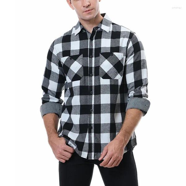 Camicie casual da uomo Primavera Autunno Moda scozzese stampato Camicia a maniche lunghe Top larghi Flanella Calda doppia tasca