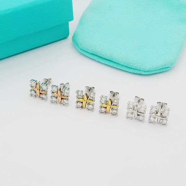 Ohne Box Top Qualität Luxus Marke Ohrringe Quadrat Kreuz Goldene Vier Diamant Ohrringe 3 Farben Messing Ohrringe Hochzeit Geschenke Großhandel