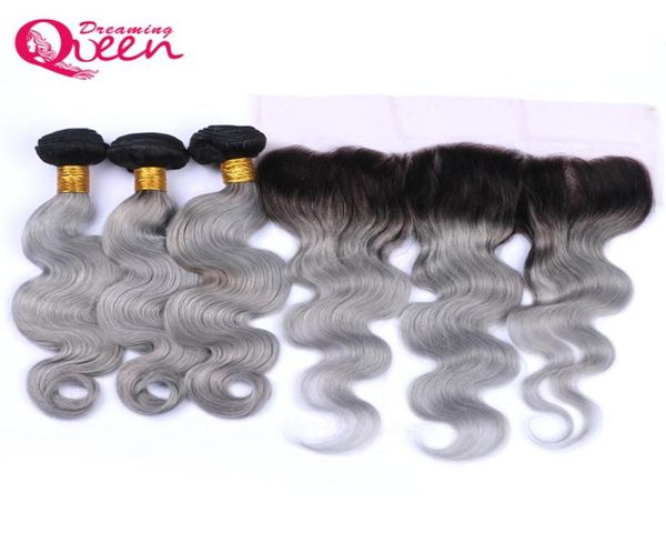 Fasci di capelli umani vergini brasiliani Ombre dell'onda del corpo grigio 1B 3 pezzi con frontale in pizzo 13x4 da orecchio a orecchio con capelli del bambino prepizzicati1287609