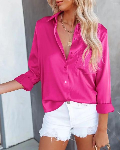 Damen Blusen 2024 Top Shirt Frühling Mode Einfarbig Langarm Business Strickjacke Lässig Elegant Pendler
