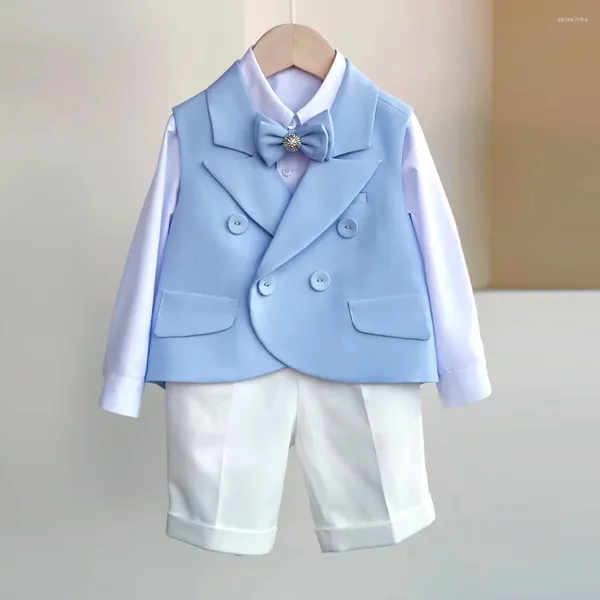 Set di abbigliamento 2024 Baby Boy Suit Gilet blu Pantaloncini bianchi Cravatta Set per bambini 1 2 3 4 anni Festa di compleanno Abito Boutique Costume