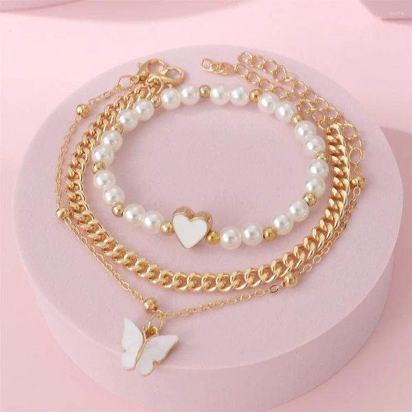Strand moda coreana branco acrílico borboleta pingente pulseira 3 pçs conjunto imitação pérola frisado corrente pulseira para mulheres meninas jóias