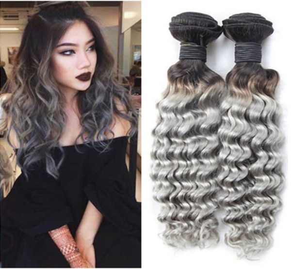 1BGrey Ombre Brasileiro Cabelo Humano Weave Bundles Raiz Escura Onda Profunda Ondulado Prata Cinza Ombre Extensões de Trama de Cabelo Humano Virgem 3Pc3210262