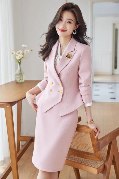 Zweiteiliges Kleid, eleganter Büro-Damen-Rockanzug, Schwarz, Blau, Rosa, Weiß, zweireihig, schickes Business-Arbeitskleidungs-Blazer-Set für Damen