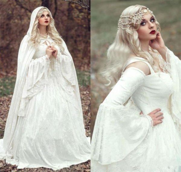 Renaissance Gothic Spitze Brautkleider mit Umhang Plus Size Vintage Bell Langarm Celtic Medieval Princess ALine Wedding Brid7513989