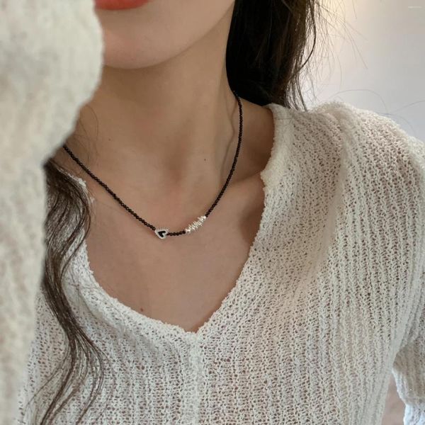 Ciondoli Collana in argento sterling 925 irregolare con longherone nero Collana semplice da donna indossata a mano con cuore d'amore e catena a goccia d'olio per clavicola