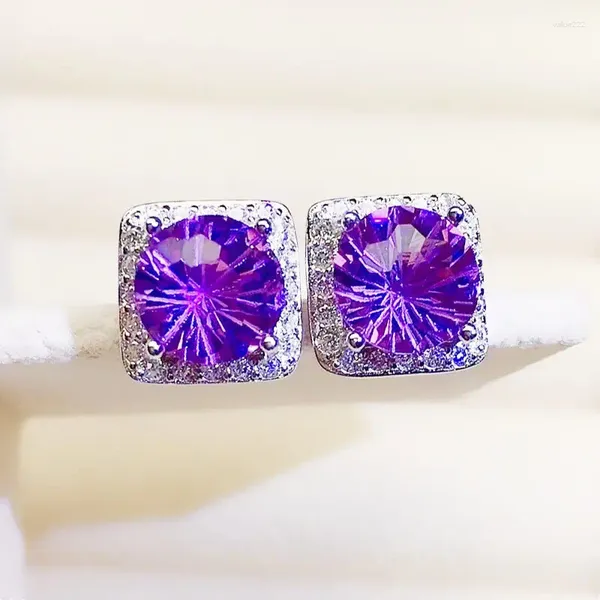 Saplama küpeleri gerçek doğal ametist küpe kare stili 1.8Ct 2pcs Taş 925 Sterling Gümüş Güzel Takılar X231054