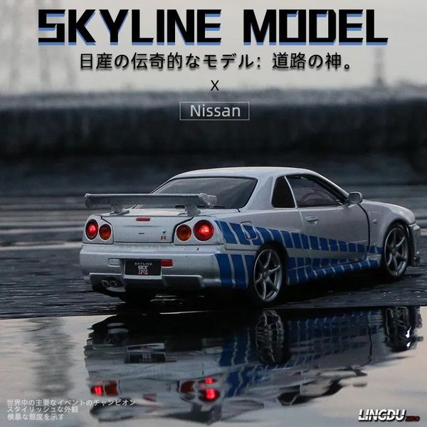 Carros Diecast Modelo carro 1 32 Nissan Skyline Ares GTR R34 Liga Esportes Diecasts Brinquedo de Metal Alta Simulação Som Luz Presente para Crianças 2212