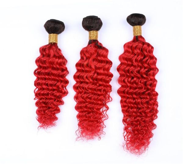 Helle rote Ombre-lose Wellen-Webart-Bündel, gewelltes malaysisches reines Haar, 3-teilig, 1BRed Ombre-Menschenhaar, spinnt Erweiterungen, dunkle Wurzel, 5906851