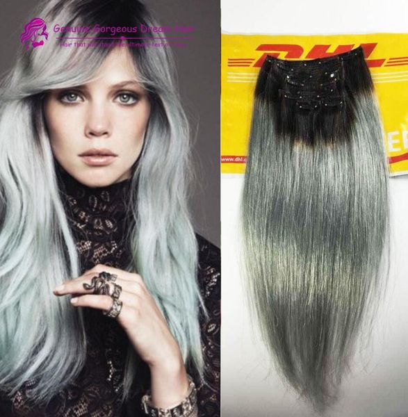 2015 Mode schwarz bis grau Meerjungfrau bunte Ombre brasilianische Clip-in-Haarverlängerungen Zwei Ombre-Splitter-graue Clip-in-Haare 7-teiliges Set9046627