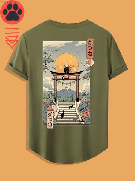 Camisetas masculinas Camiseta masculina casual e vintage de manga curta para o verão com estampa de gato preto ukiyo-e japonês e bainha arredondada Q230102