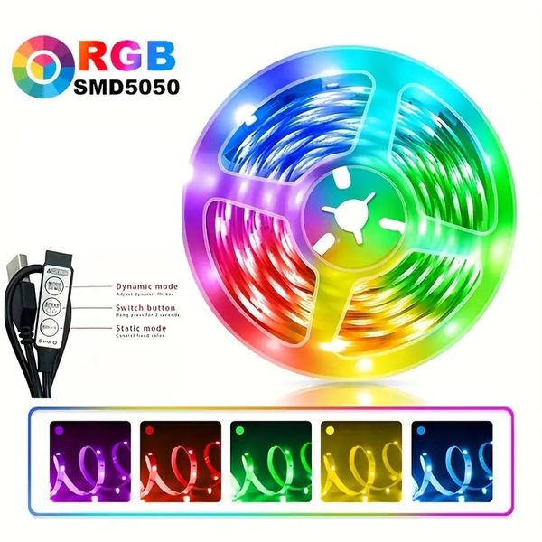 3 pés, 6 pés, 9 pés, 13 pés, 16 pés, 32 pés, 49 pés DC 5V RGB 5050 LED Strip Light, 3 teclas de controle de fita flexível DIY LED Light Strip, fita USB Diodo Luzes de Natal