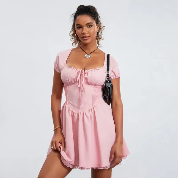 Abiti casual WPNAKS Abito corsetto da donna Abiti estivi da sera per feste Lolita Dolce pizzo Trim Taglio basso Cravatta anteriore Manica corta A-line Mini