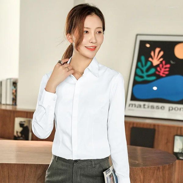 Blusas de mujer, camisas formales ajustadas versátiles de oficina para mujer, camisas de vestir de Blanco sólido de manga larga informales para mujer, ropa