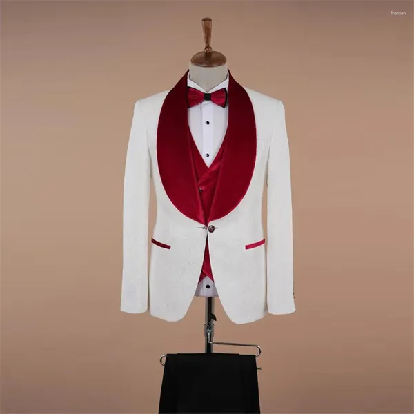 Ternos masculinos vermelho veludo lapela branco jacquard para casamento 3 pçs moda masculina blazer colete calças namorado casamento noivo smoking