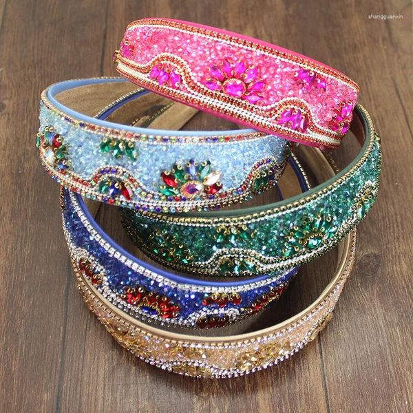 Grampos de cabelo brilhante verde azul cristal flor hairband bohemia strass barroco hoop bandas para acessórios de casamento feminino