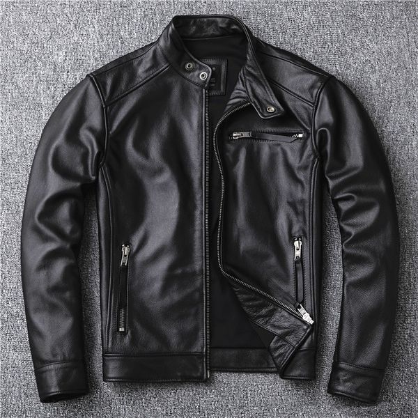 Clássico estilo motor preto jaqueta de couro genuíno moda masculina casual casaco de couro rua motociclista atacado y231229