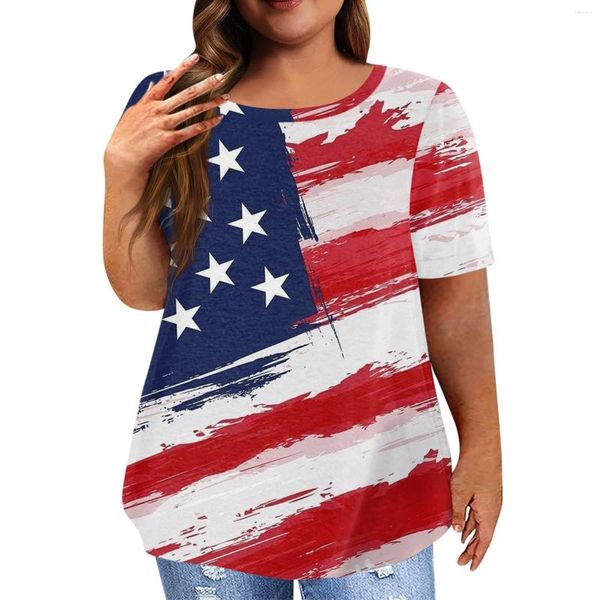 Damenblusen, Unabhängigkeitstag und Tops für Damen, Übergröße 5XL, amerikanische Flagge, bedrucktes T-Shirt, Sommer, kurzärmelige Blusas mit Rundhalsausschnitt