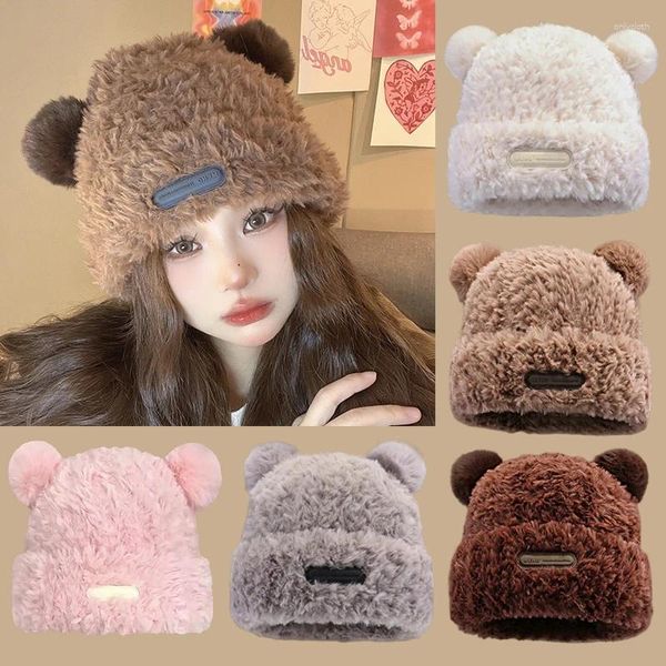 Berets Cartoon Urso Proteção de Orelha Chapéu de Pelúcia Mulheres Earmuffs Cap Inverno Peludo Cor Sólida Gorros Bonito Mais Quente Engrossar