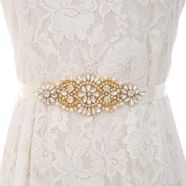 Cinture JLZXSY Cintura da sposa vintage con perle di cristallo fatte a mano Accessori per abiti da damigella d'onore con strass scintillanti dorati