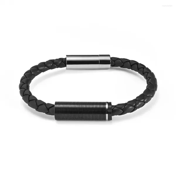 Bracciale rigido con denti rotanti Bracciale in pelle Trasferimento di filo Regalo di gioielli con magnete in acciaio inossidabile nero retrò da uomo