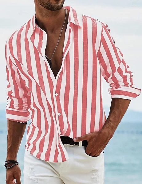 Camisas casuais masculinas camisa verão praia manga longa listrada lapela rua férias impressão roupas moda havaí