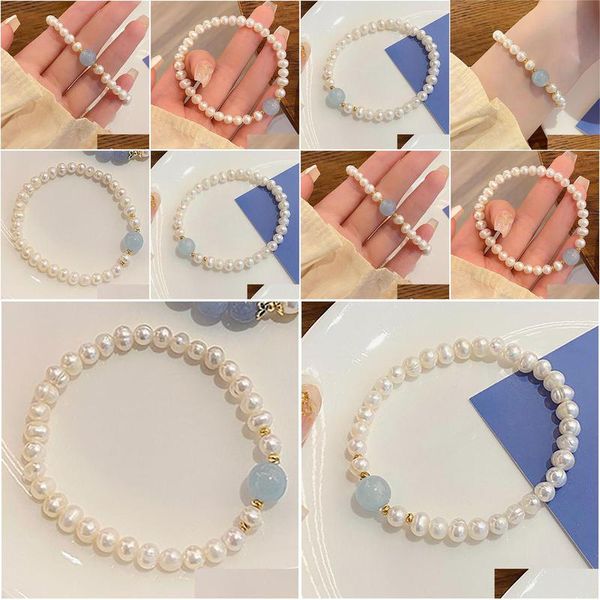 Bracciale con perle d'acqua dolce dolce catena Perle di cristallo acquamarina Moda Donna Estate Spiaggia Braccialetti elastici dell'amicizia Consegna di goccia Dh0Cv