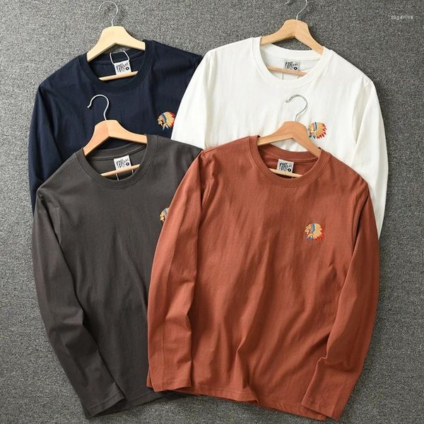 Männer T Shirts Herbst Amerikanischen Retro Lange ärmeln Oansatz Sticken T-shirt Mode Einfache Baumwolle Gewaschen Casual Sport Tops