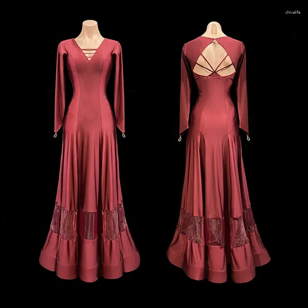 Bühnenkleidung Rotes Ballsaal-Tanzkleid Langarm-Wettbewerb Sexy rückenfreies Abschlussball-Walzer-Tanzkleid Tango-Performance-Kostüm YS4874