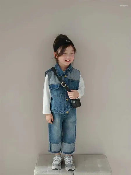 Kleidungssets Kinder Mädchen Herbst Cowboy Kinder Weste Lässige Jeans Zweiteiliges Set Soild Turn Down Colar Lively