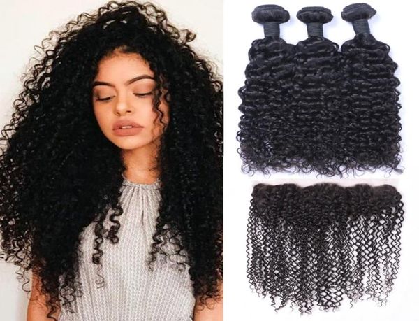 Brasileiro Jerry Curly Cabelo Humano Tramas com 13x4 Lace Frontal Orelha a Orelha Cabeça Cheia Cor Natural Pode ser Tingido Humano Não Processado Hai7180686