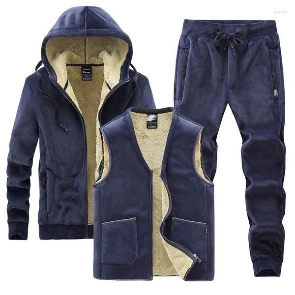 Tute da uomo Inverno Uomo Plus Velluto spesso caldo Agnello Cashmere Felpe con cappuccio Gilet Pantaloni Set da tre pezzi Abito casual in lana