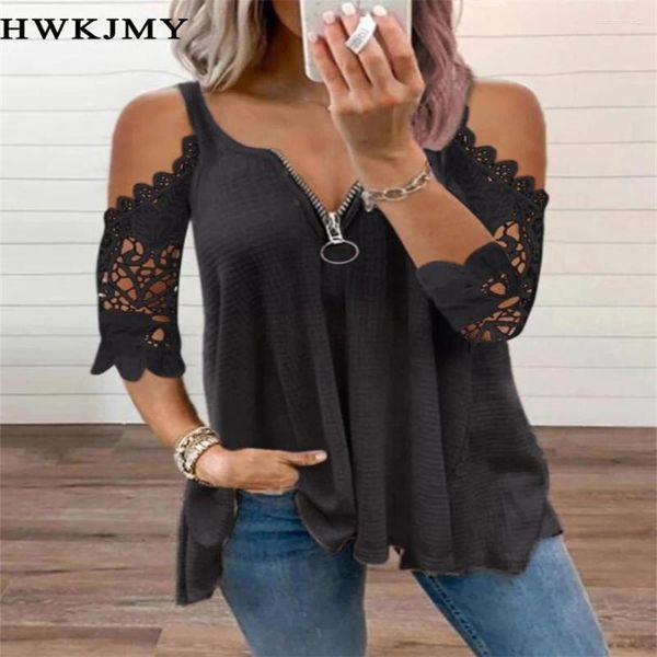 Mulheres camisetas Verão Lace Pétala Meia Manga Zíper Senhoras T-shirt para Mulheres Oversize Off Ombro V-Pescoço Solto Casual Top Tee Túnica 8XL