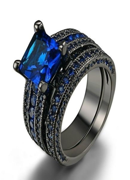 Paarring Herren039s 316L Edelstahl Carbon Ring Damen039s 14kt Schwarzgold gefüllter natürlicher blauer Saphir Ehering3292122