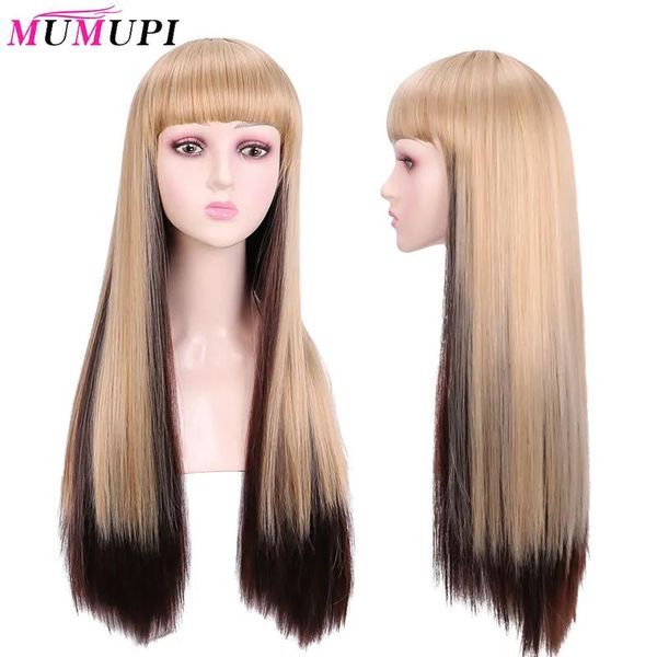 Perücken MUMUPI Lange gerade synthetische Perücke mit Pony Blonde Ombre Braune Perücken für schwarze Frauen Cosplay Hitzebeständiges Haar