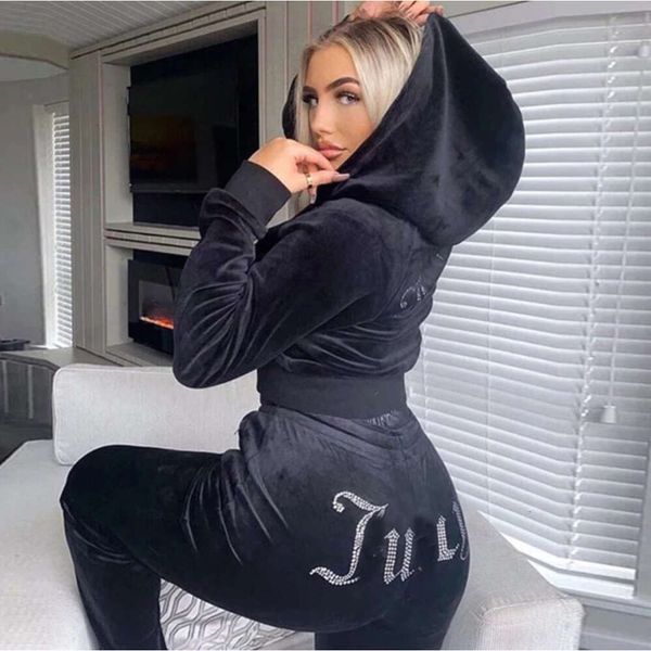 Diamante quente coreano veludo mulheres tracksuits designer rosa jaqueta com capuz outono primavera moda esportes lazer duas peças calças conjunto S-2XL