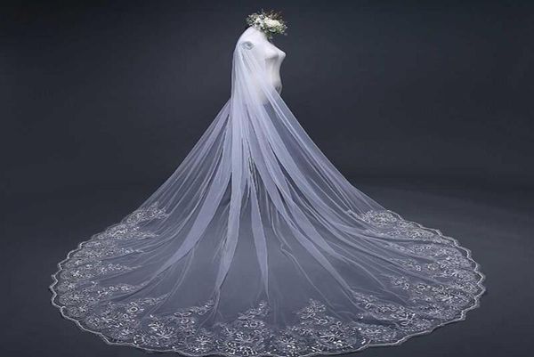 4M OneLayer Donna Trailing Cattedrale Velo da sposa lungo Ricamato Applique in pizzo floreale Smerlato Trim Velo da sposa con pettine X0728813974