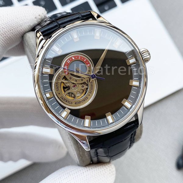 Лучшие модные автоматические механические часы с автоподзаводом, мужские золотые, серебряные циферблаты 40 мм, классические 24-часовые дизайнерские наручные часы, повседневные мужские часы с черным кожаным ремешком 6225