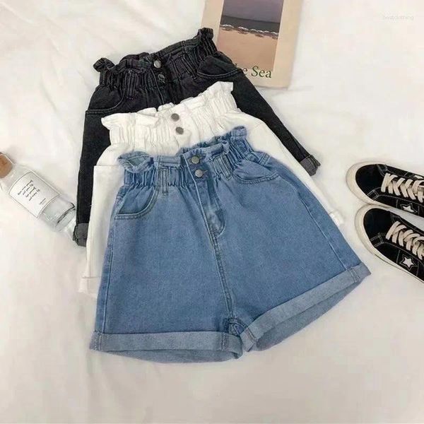 Shorts femininos verão preto mulheres denim s-5xl harem babados branco azul cintura alta feminino elástico curto jeans