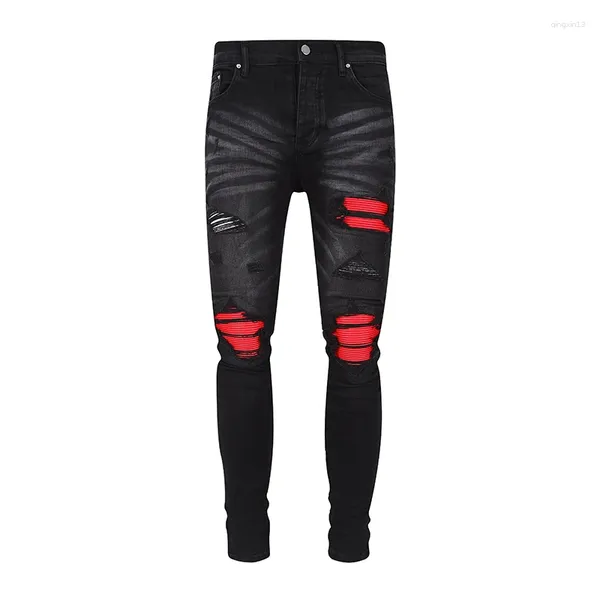 Jeans masculinos 2024 chegada moda casual preto rasgado magro angustiado único vermelho dobra remendo design calças jeans para homens