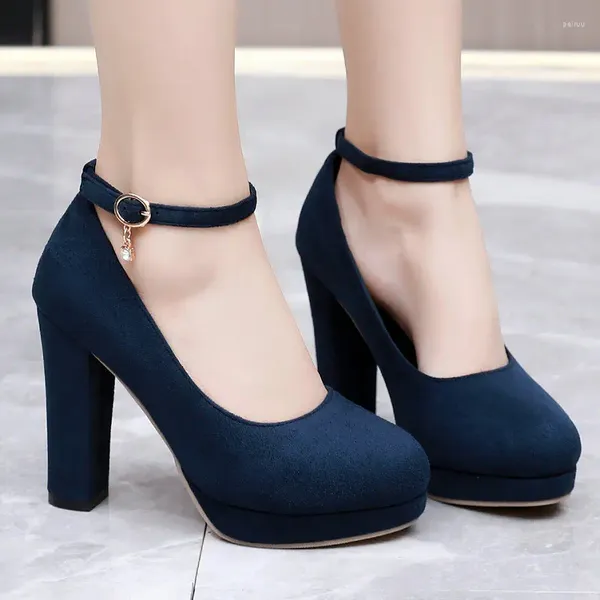 Scarpe eleganti floccate in finta pelle scamosciata con plateau blu scuro per donna Primavera Autunno Punta tonda Décolleté da ufficio Tacchi Mary Jane