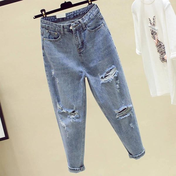 Calças femininas vintage casual denim calças soltas cintura alta harem jeans moda rua estilo rasgado emagrecimento nove minutos