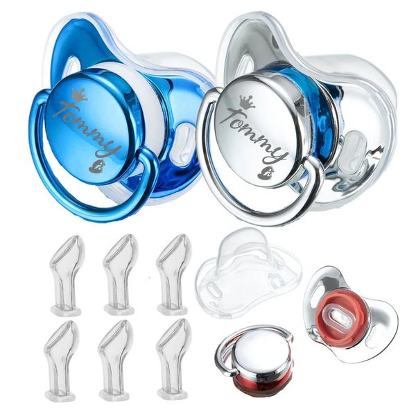 Miyocar Custom Blue Silver Schnuller 2 Stück mit Namen Bring 6 Ersatzsauger inklusive aller Größen für Jungen Mädchen Babyparty Geschenk 231229