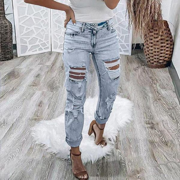 Calças de brim femininas 2024 rasgado fino ajuste moda calças de cintura alta streetwear vintage estiramento casual denim tornozelo comprimento calças