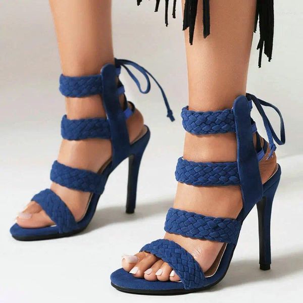 Sandali cinturino intrecciato pelle scamosciata floccata abito da sera open toe scarpe da donna col tacco alto estate blu oliva tacchi a spillo taglia grande 48 47