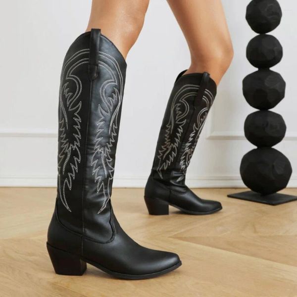 Botas Mulheres Bordadas Western Joelho Alto Cowboy Cowgirl Chunky Heel Plataforma Mulheres Sapatos Plus Size 46