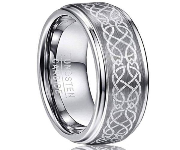 Men039s 8 mm Laser-Ehering mit keltischem Knoten, gebürstetes Wolframkarbid, polierte Stufenkante, Größe 6139297587