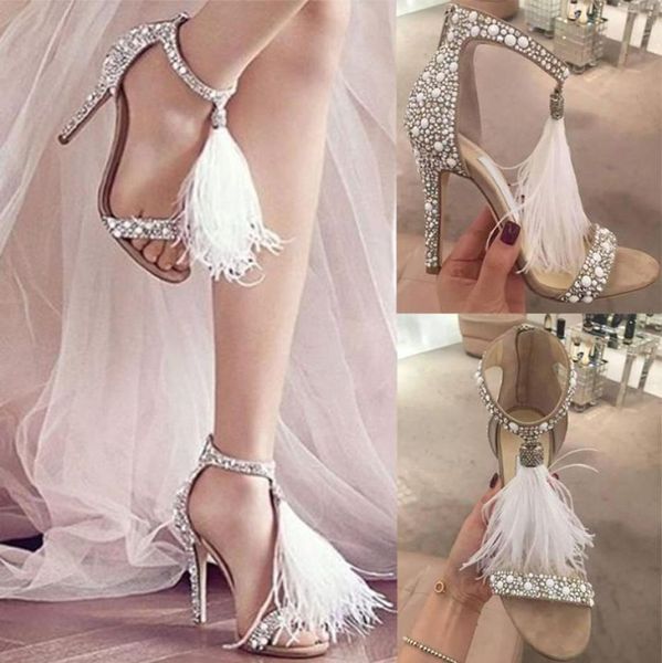 2023 sexy penas sapatos femininos sandálias de strass salto alto banquete casamento moda cristais sapatos de noiva com zíper festa stilet4617934