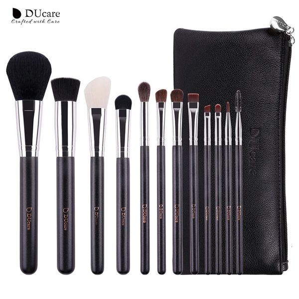 Ducare 12 pçs pincéis de maquiagem profissional conjunto com sacos de couro natureza cabelo compõem escovas punho de madeira beleza cosméticos brushes240102